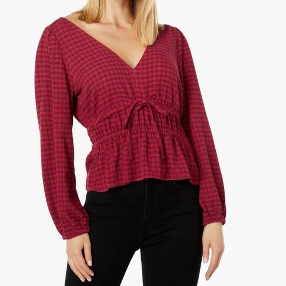 Madewell Crinkled‎ V-Neck Peplum Top Plaid Hibiscus Blouse Crinkled Drapey Small